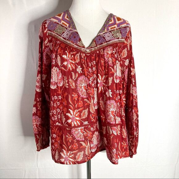 Rachel Zoe Red Bohemian Peasant Top Small Embroidered NWT Floral Oversized Boho - Picture 1 of 11